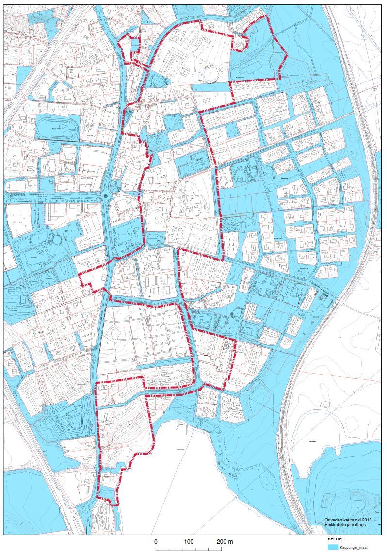 Kuva 5. Maanomistus suunnittelualueella. Siniset alueet ovat kaupungin omistuksessa ja valkoiset yksityisessä omistuksessa. 7.