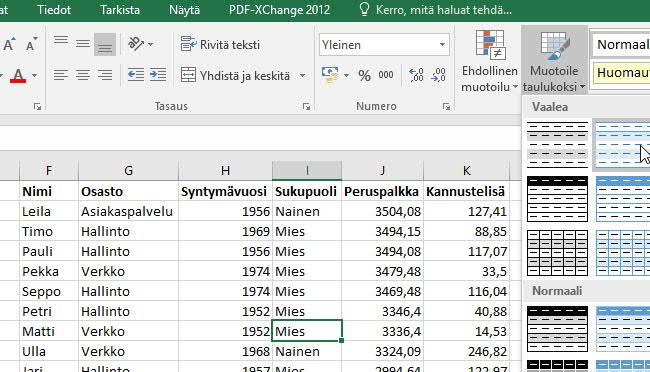 Muotoile data-alue taulukoksi Markku