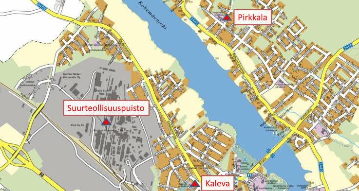 6 Harjavallan tulokset Kuva 5. Harjavallan Pirkkalan ja Kalevan mittausasemien sekä suurteollisuuspuiston sijainnit. 6.