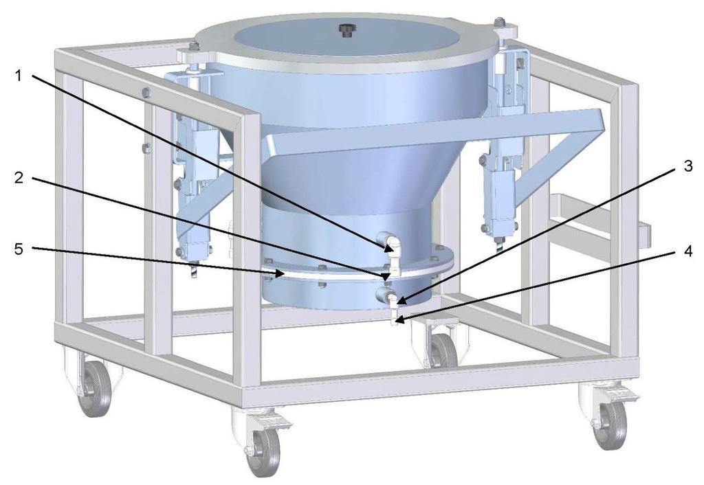 Pulverin tyhjennyssuppilo - Osat Kuva 6 - Pulverin tyhjennyssuppilon komponentit Kohta P/N Seloste Tyyppi Tavaran toimittaja 1 - One-touch Fitting, Ø16 KQ2L16-04AS SMC 3 2 - Plug Ø16 KQ2P-16 SMC 3 3