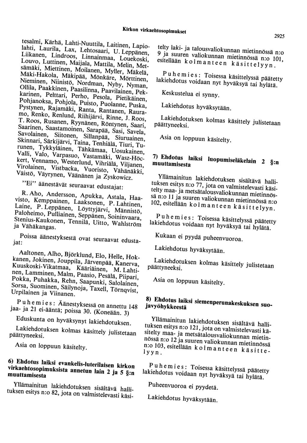 Kirkon virkaehtosopimukset 2925 tesalmi, Kärhä, Lahti-Nuuttila, Laitinen, Lapiolahti, Laurila, Lax, Lehtosaari, U.