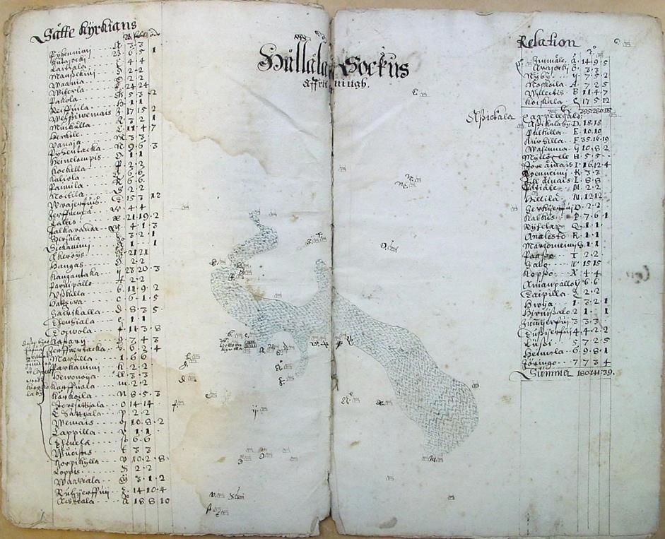 6 Kuva 2. Maakirjakartta Hämeen läänistä Hollolasta noin 1650 (Rantatupa 2018). 1600-luvun maakirjakarttoihin piirrettiin yleensä talojen ja kylien tiluksen, pellot sekä niityt.