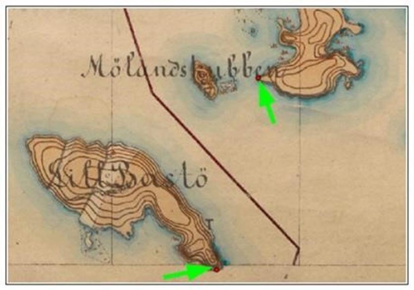16 Kuva 4. Kuvassa on esitetty punaisella pisteellä vastinpisteet vanhalla kartalla (Rahkonen 2014: 2.