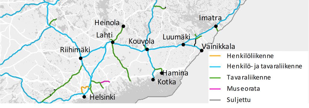sekä Helsingistä Lahden ja Kouvolan kautta Joensuun suuntaan (kuva 1). Molemmat yhteydet ovat sähköistettyjä sekaliikenneratoja.