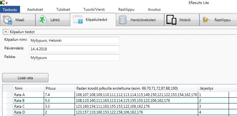 4/12 6 NÄIN SYÖTÄT RADAT ETUKÄTEEN. Kilpailutiedot-välilehdellä voit määritellä radat. Klikkaa Lisää rata Ohjelma automaattisesti tarjoaa ensimmäisen radan nimeksi Rata A:ta.