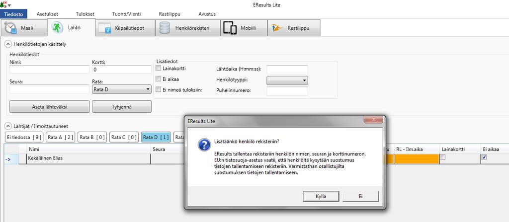 (Sukunimi Etunimi), käyttääkö omaa vai laina-emitiä? Mille radalle on lähdössä? Paina lopuksi Aseta lähteväksi 7.