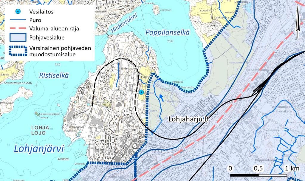 Lohjanharjun pohjoispuolella. Lakkautettava rautatiealue suunnitteluosuuden länsiosassa ei sijoitu pohjavesialueelle.