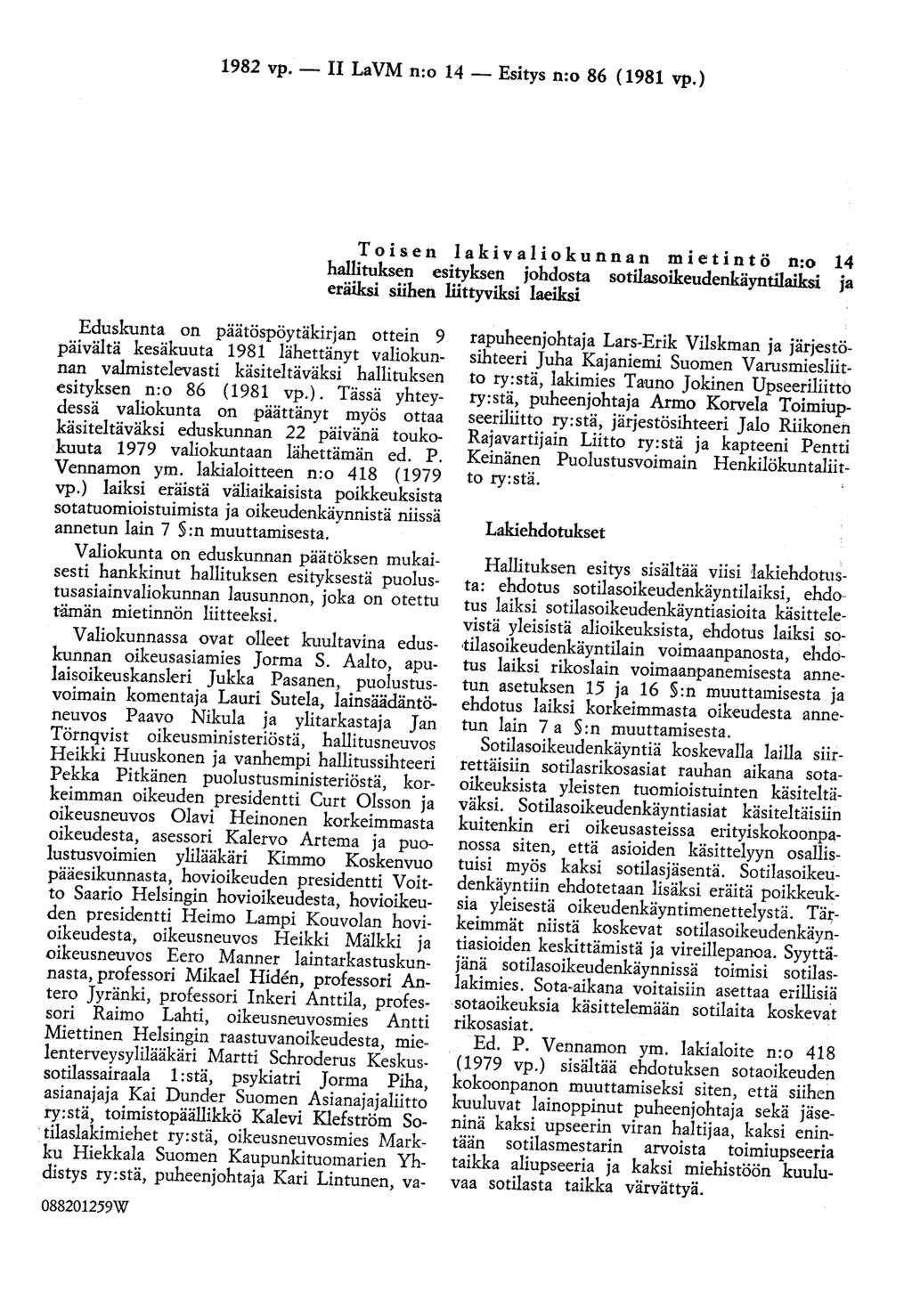 1982 vp.- II LaVM n:o 14- Esitys n:o 86 (1981 vp.