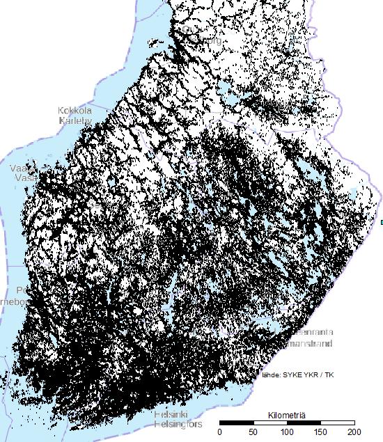 Hajanainen rakenne Suomen 250m-väestöruudut 2015 Suomen