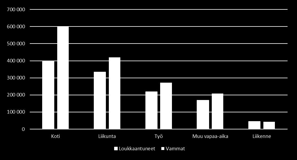 Tapaturmissa loukkaantuneiden määrät ja vammat tapaturmatyypin mukaan 20 74-vuotiaat 1 000 000 900 000 800 000 700 000 600 000 500 000 400 000 300 000 200 000 100 000 0 899 000 503 000 Koti- ja