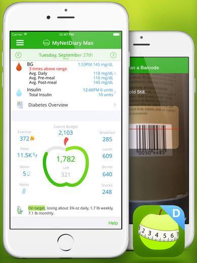 Diabetes & Diet Tracker on MyNetDiaryn kehittämä sovellus (kuva 8). Sovellus mahdollistaa kaikkien diabeetikolle tärkeimpien arvojen seurannan.
