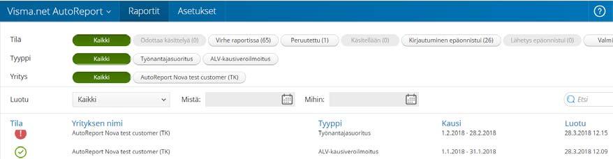 4 Visma.net AutoReport-palvelu Visma.net AutoReport-integraation kautta lähetettyjä aineistoja voit katsoa myös Visma.net-palvelussa, osoitteessa https://connect.visma.com.