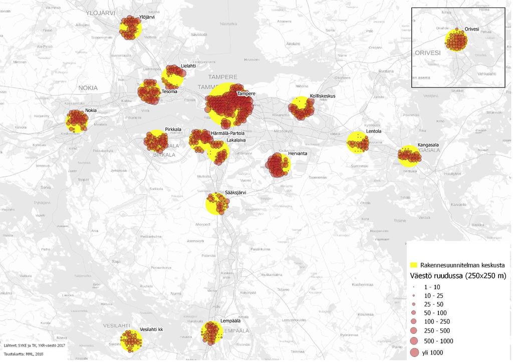 Keskustojen väestö Rakennesuunnitelman keskustoissa Tampere 2 km, muut 1 km säteellä noin 120600 asukasta ~ 32 % seudun väestöstä Lielahti; 3988 Asukasluku 2017 Lakalaiva; 3267 Ylöjärvi; 3690