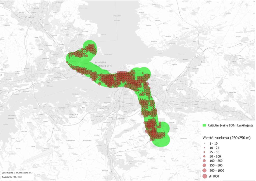 Raitiotievyöhykkeen väestö vaihe 2. Raitiotien 1. ja 2.