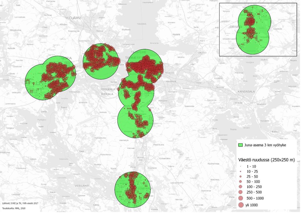 Asemanseutujen väestö Rakennesuunnitelman lähijuna-asemista 3 km:n säteellä n.