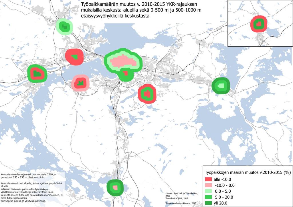 Työpaikkamäärien muutos YKR-rajausten mukaisilla keskusta-alueilla 2010-2015 Työpaikkoja oli vuonna 2015 keskustoissa ja niiden