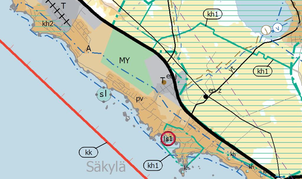 SÄKYLÄN KUNTA OAS Sivu 3 / 7 Suunnittelualue on taajamatoimintojen aluetta (A), kaupunkikehittämisen kohdevyöhykettä (kk) sekä pohjavesialuetta (pv). Kuva: Ote Satakunnan maakuntakaavasta.