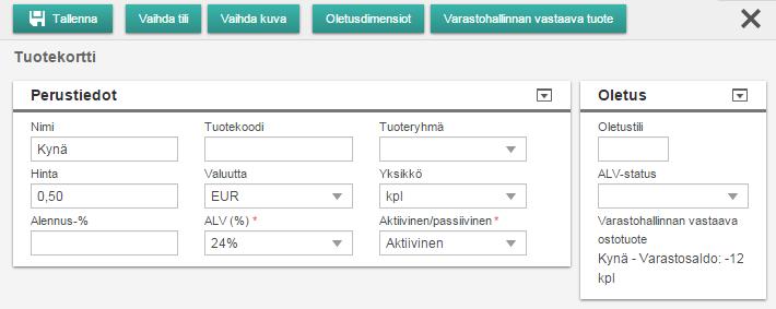 22 Kuva 2. Tuotekortti ja varastohallinnan vastaavan tuotteen luominen (Procountor Oy 2017d). Tuotekorttinäkymästä voidaan myös suorittaa varastohallinnan vastaavan tuotteen määritys.