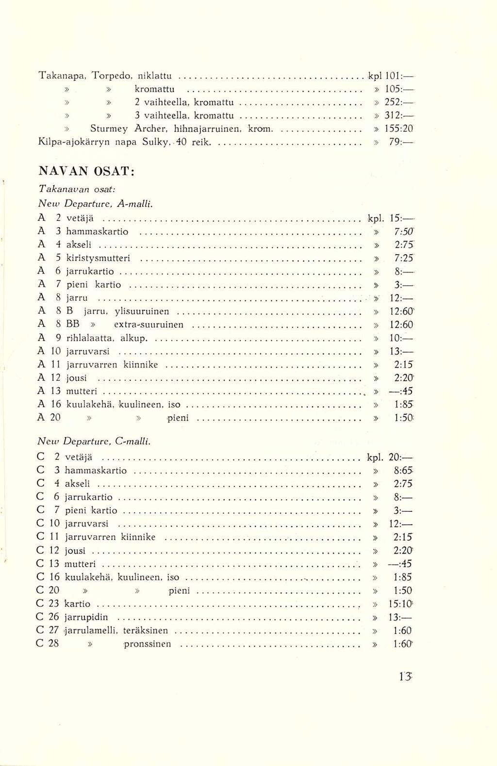 Takanapa, Torpedo, niklattu kpl 101: kromattu 105; 2 vaihteella, kromattu 252: 3 vaihteella, kromattu 312: Sturmey Archer, hihnajarruinen, krom 155:20 Kilpa-ajokärryn napa Sulky, 40 reik 79: NAVAN