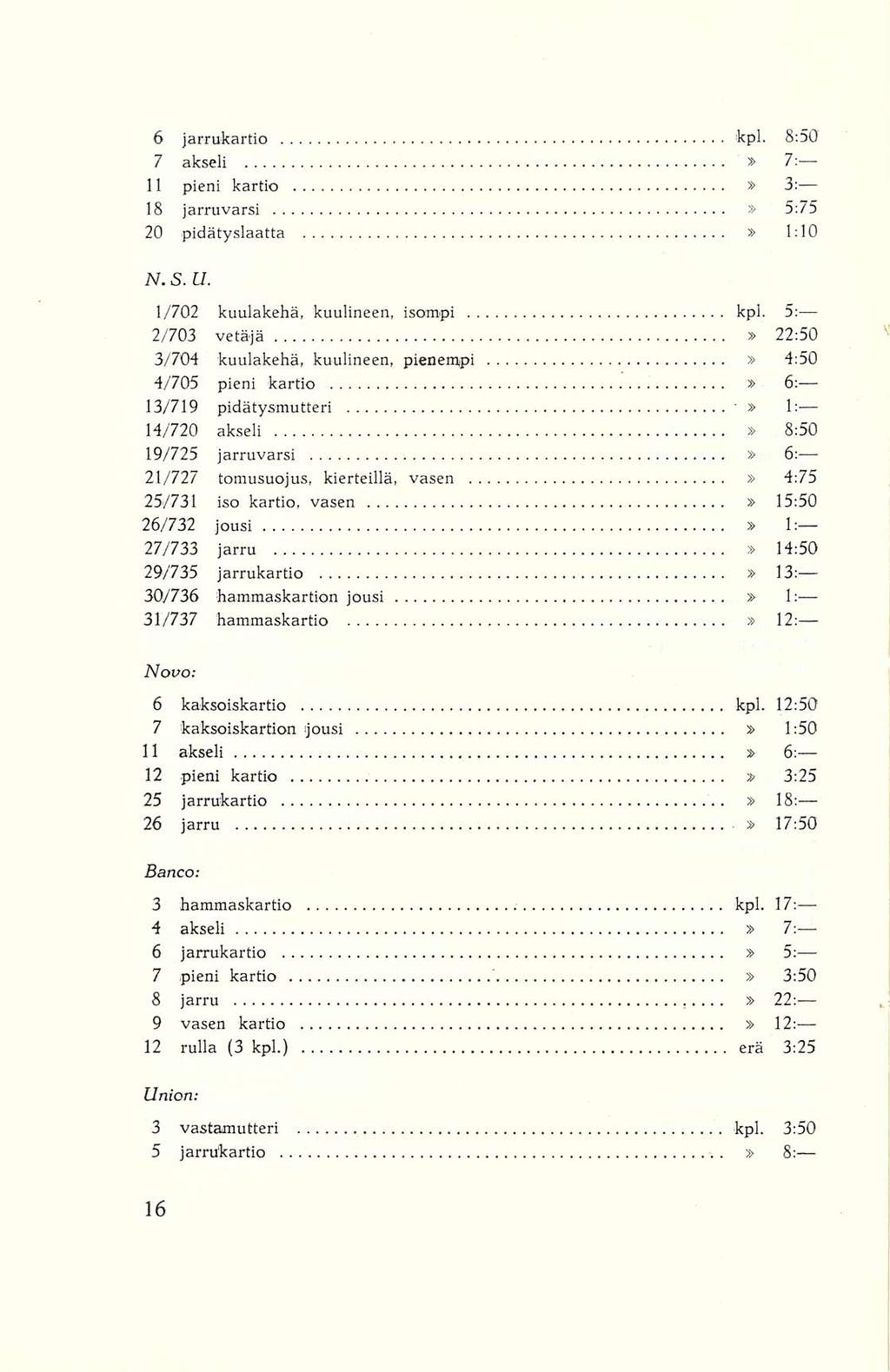 6 jarrukartio kpl. 8;50 7 akseli 7: 11 pieni kartio 3: 18 jarruvarsi 5:75 20 pidätyslaatta 1:10 N. S. U. 1/702 kuulakehä, kuulineen, isompi kpl.