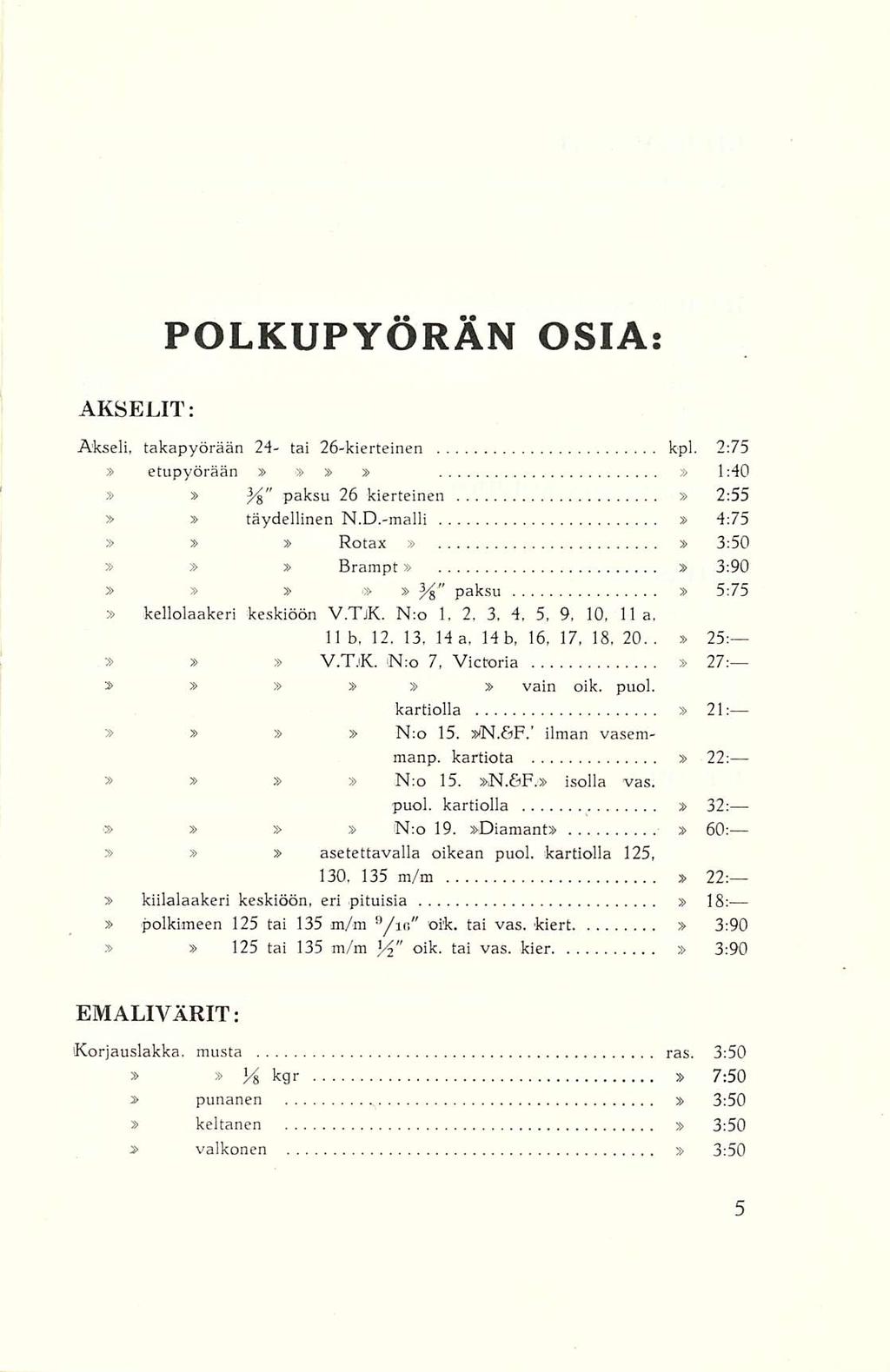 POLKUPYÖRÄN OSIA: AKSELIT; Akseli, takapyörään 24- tai 26-kierteinen kpl. 2:75 etupyörään 1:40 Yi" paksu kierteinen 2:55 26 täydellinen N.D.