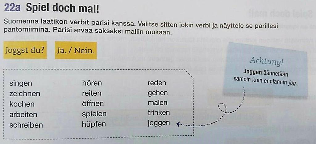 - Das Handy ist super! The mobile is great! Bei der Aussprache wird mit einem Infokästchen darauf hingewiesen, dass das deutsche Wort joggen, wie das englische Wort jog ausgesprochen wird.