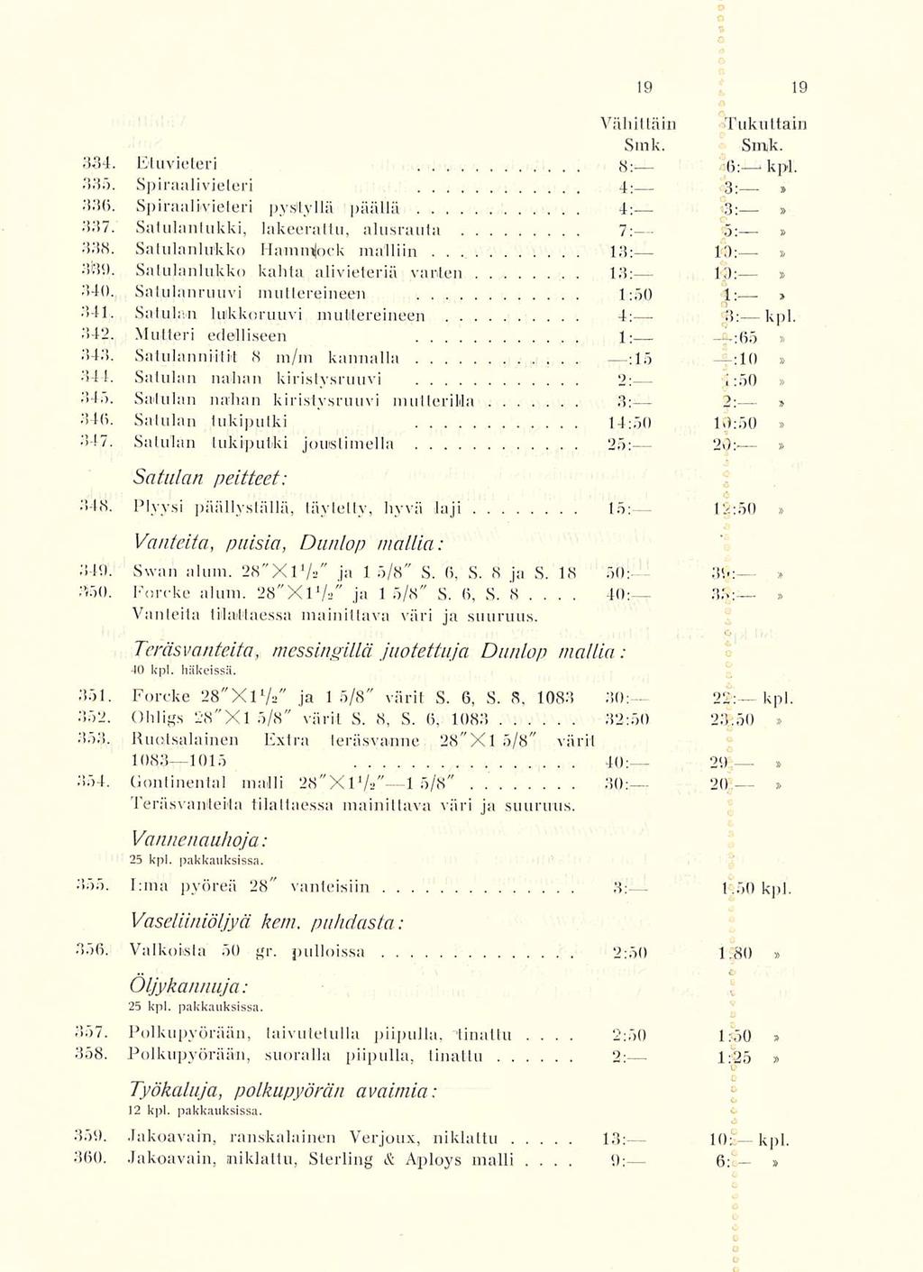 2:50 9: Vallit täin Smk Tukuttain Smk 334 Etuvieteri 8:- 6: kpl 335 Spiraalivieteri 4: 3:, 336 Spiraalivieteri pystyllä päällä 4: /3: 337 Satulantukki, lakeerattu, alusrauta 7: 'a: 338 Satulanlirkko