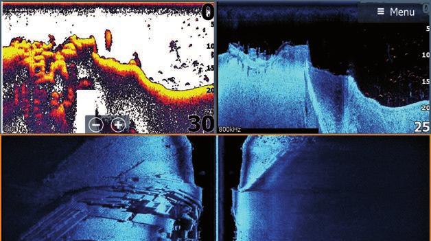 SideScan etäisyys Etureunassa näkyy, kuinka kaikuluotaimen säteet toimivat pohjan ääriviivojen kanssa.