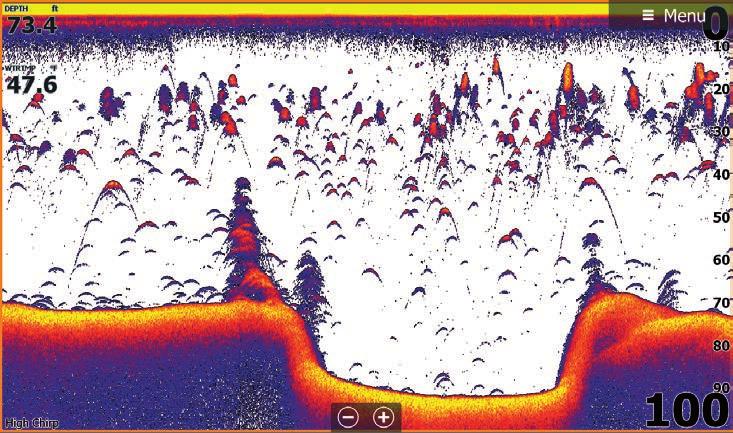 KAIKULUOTAINTEKNIIKKA CHIRP ja Broadband Sonar Rakenne Kala Colourline esittää kohteen kovuuden mitä vaaleampi väri, sen kovempi kohde Näet kalat,