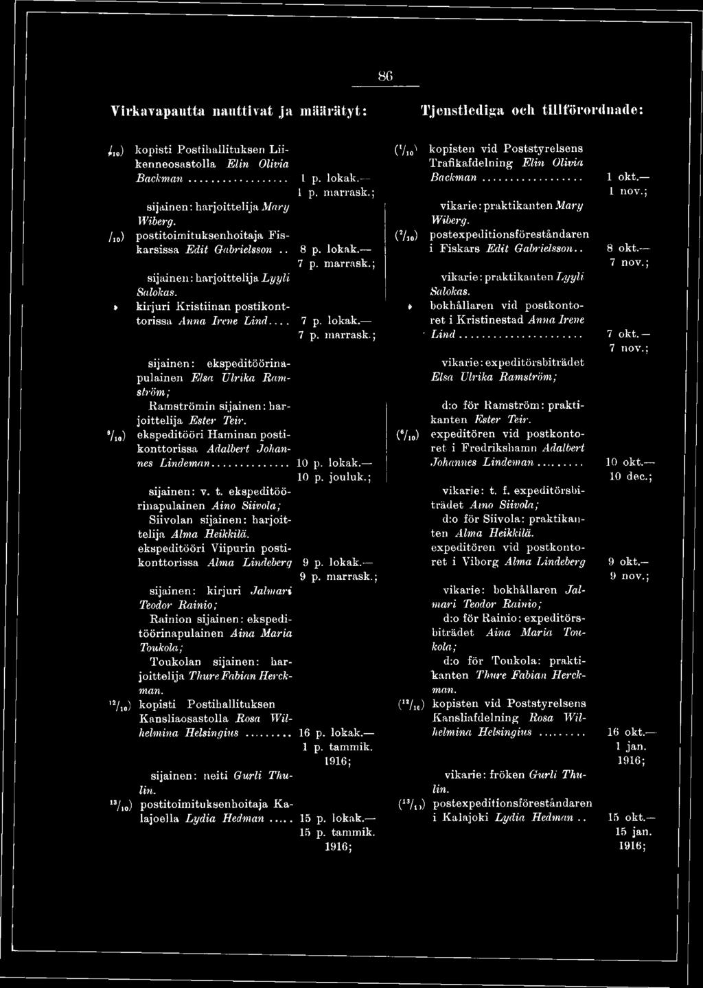 Salokas.» kirjuri Kristiinan postikont-» bokhållaren vid postkontotorissa Anna Irene Lind.... 7 p. lokak. ret i Kristinestad Anna Irene 7 p. marrask.; L in d... 7 o k t.- 7 nov.