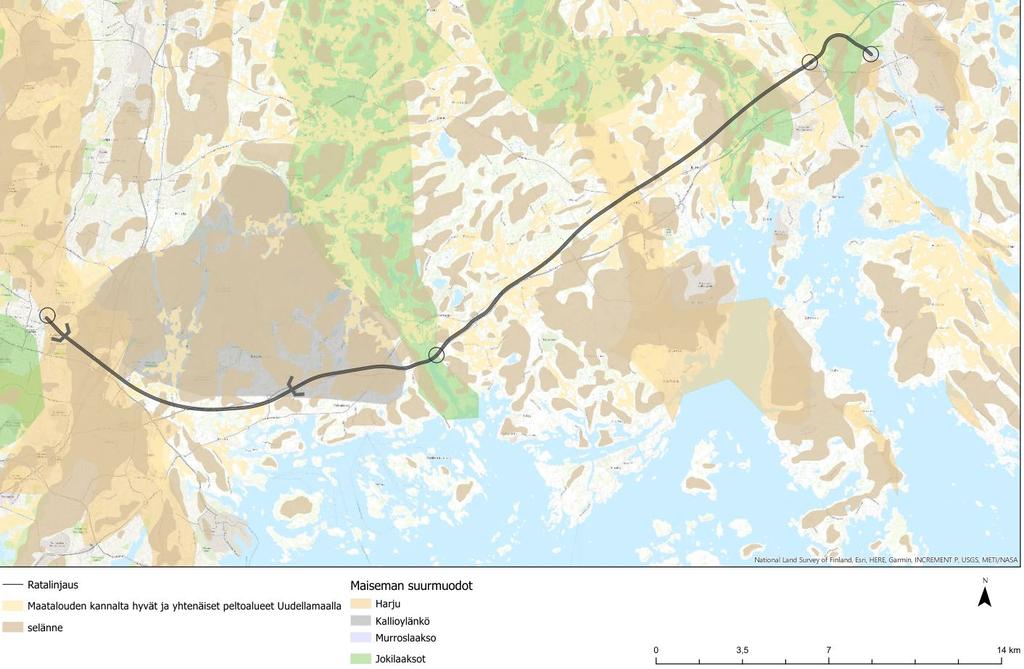 Kuva 19 Porvoon kaupunkiradan vaihtoehdon 3 linjaus ja maisemamuodot Maiseman ja kulttuuriympäristön arvokohteet Ratalinjaus kulkee usean valtakunnallisesti merkittävän rakennetun kulttuuriympäristön