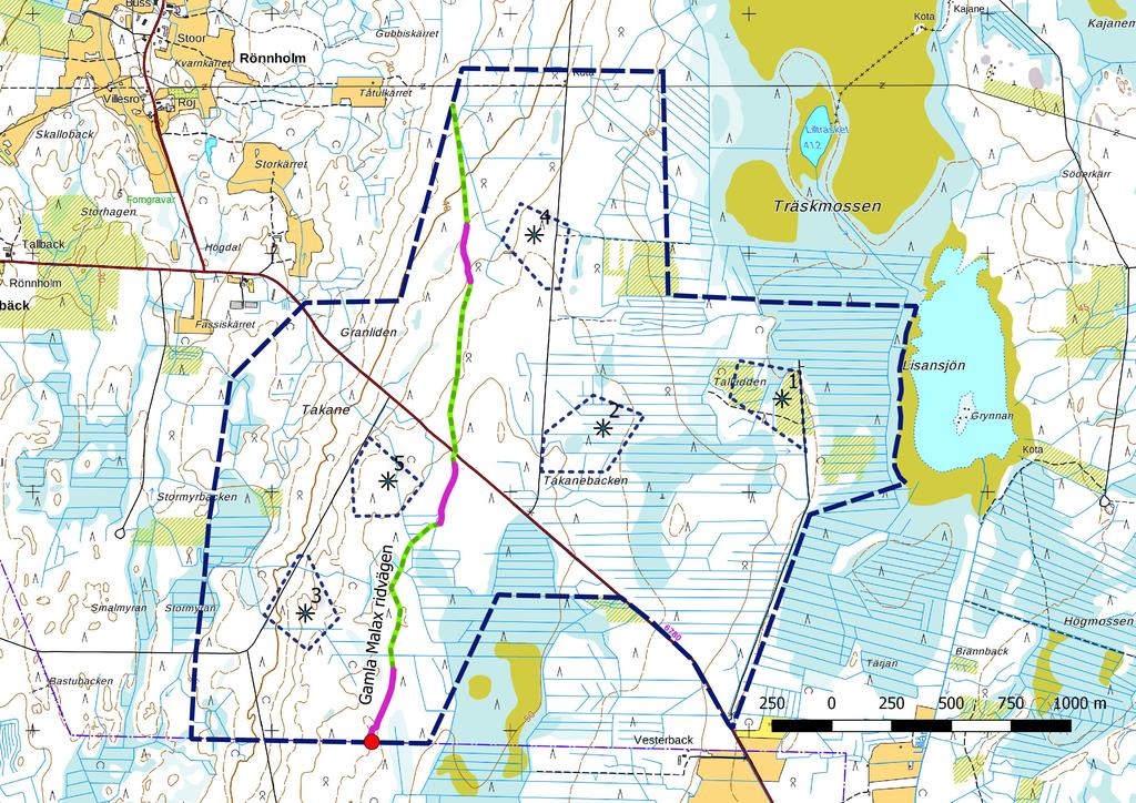 14 6. Yleiskartta Gamla Malax ridvägenin linjaus merkitty vihreänä viivana, maastossa havaittu osa linjauksesta violettina viivana. Kohdekoordinaatit punaisena ympyränä.