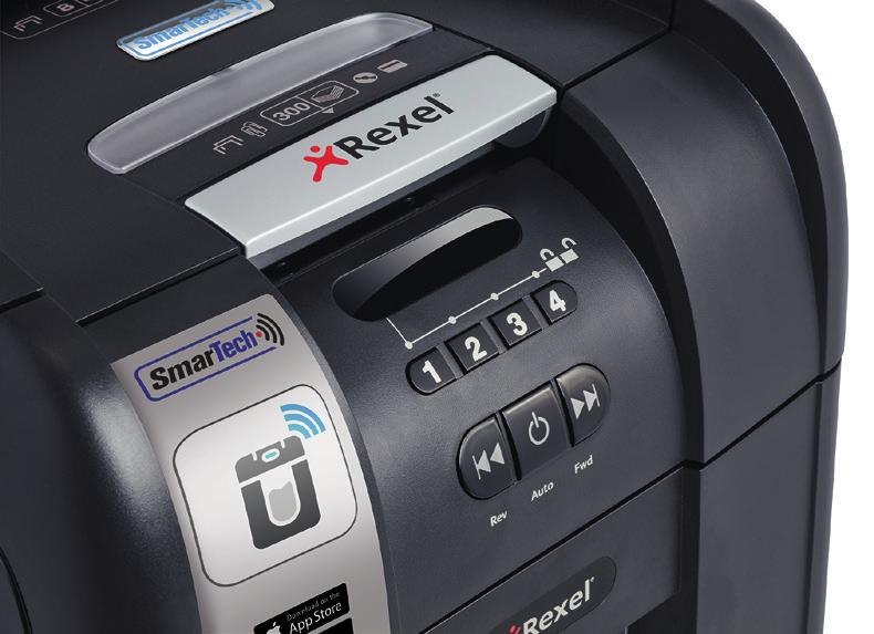 AUTO+ 300X P4 Tehokas AUTO FEED paperintuhooja. Korkea turvaluokitus, P-4. Silppuaa jopa 300 arkkia yhdellä kertaa 98 % ajansäästöllä Tehokas automaattinen paperintuhooja 5-10 käyttäjälle.