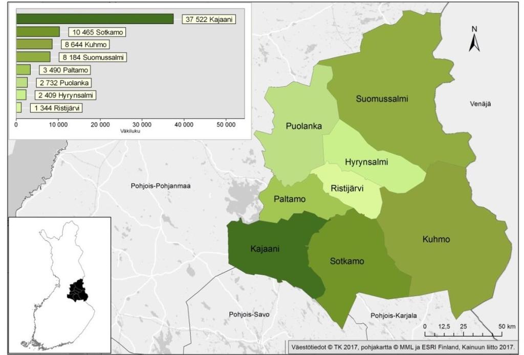 5 Kuva 1. Kainuun maakuntakaavan tarkistamisen kaava-alueen sijainti ja väkiluku kunnittain.