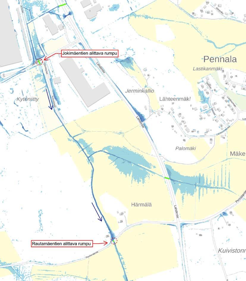 25 SYKE, Esri Finland, MML KUVIO 9. Pennalan alueella tarkastellut rummut. 6.2 Orimattilan karttojen validointi Mallinnuksen epävarmuuksien vuoksi tulee hulevesitulvakartoille tehdä validointia.