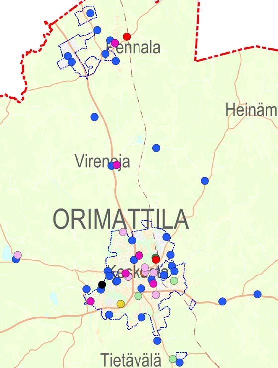 35 Kuviossa 11 on karttaote, jossa on Orimattilan keskustan seudun ja Pennalan haavoittuvimmat riskikohteet.