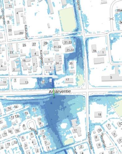 Korjaamattoman kartan perusteella hulevedet kerääntyisivät asuinalueen ojista Artjärventien eteläpuolelle ja tulvisivat alueella kastellen asuinrakennuksia.