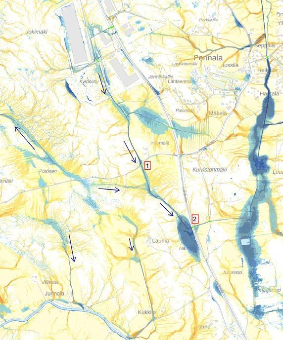 47 Tulevaisuuden maankäyttö huomioiden tehdyn mallinnuksen mukaan vettä kertyy nykytilanteeseen nähden enemmän etenkin rakenteilla olevan alueen (Härmälä) keskelle painanteisiin (kuvio 21).