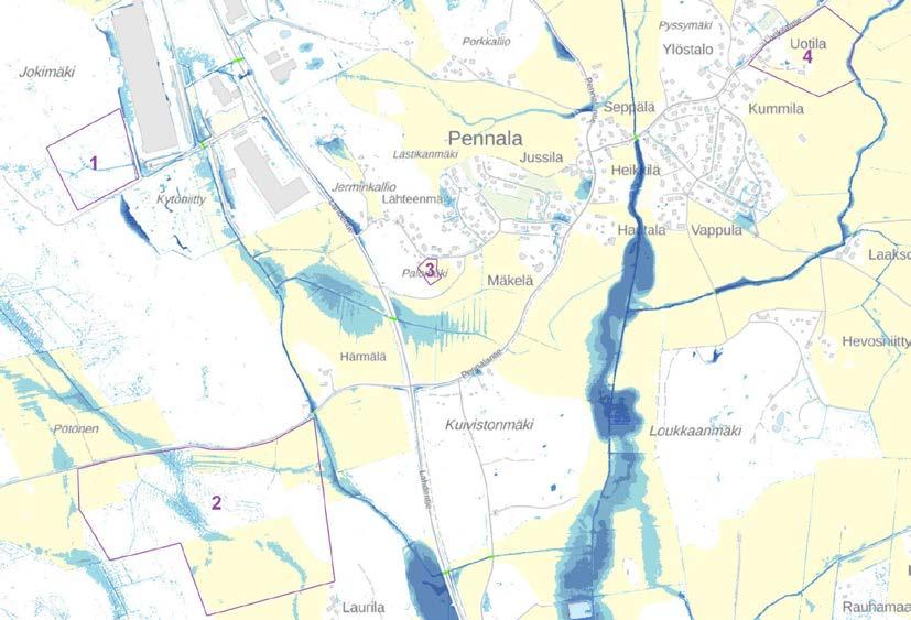 53 Pennalan alueella on neljä kohdetta kaavoitusohjelmassa. Kuviossa 25 kohteet näkyvät rajattuina tulevan maankäytön mukaan korjatussa hulevesitulvakartassa.