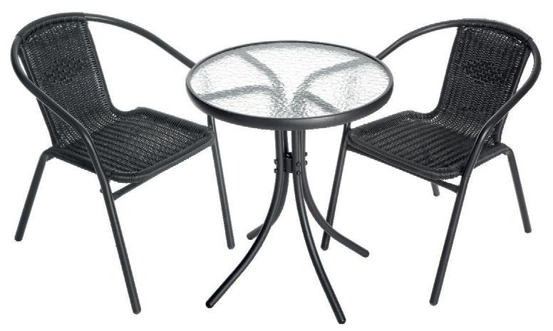 14,95 16,95 LASIPÖYTÄ ja KAKSI TUOLIA Pyöreän pöydän halkaisija on 60 cm ja korkeus 70 cm. Pöydässä on mustaksi maalattu metallirunko.