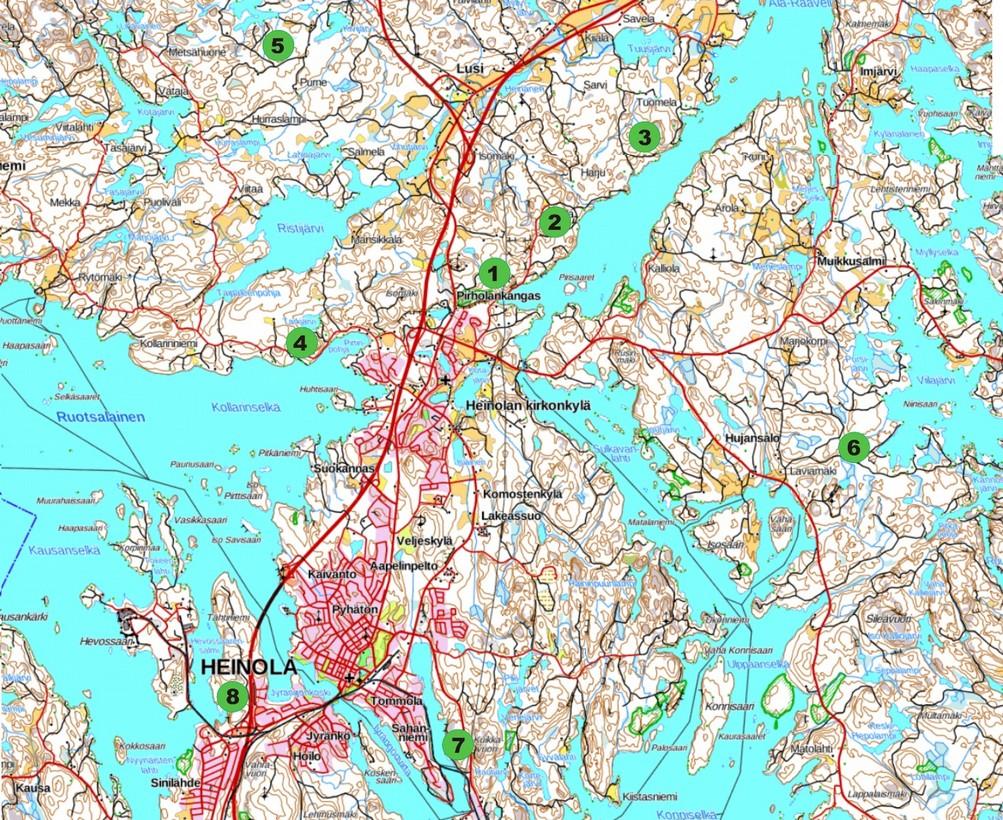 5 Kuva. Heinolan tunnetut kalliosinisiipiesiintymät. = Rautvuori, 2 = Näätävuori, 3 = Lamminmäki, 4 = Kiviniemenvuori, 5 = Karhumäki, 6 = Taivaannaapuri, 7 = Maitaislaht ja 8 = Tähtniemi. 2. Tulokset 2.