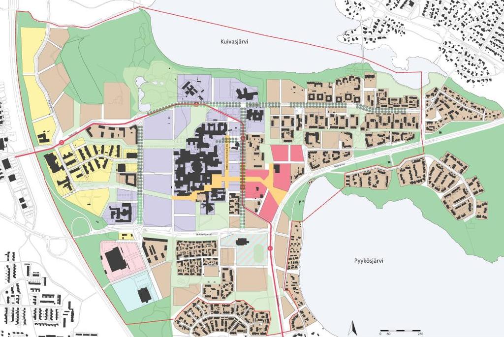 Kaksi vaihtoehtoa eroavat ratkaisut Vaihtoehto A Vaihtoehto B Yleiskaavanmukainen ratkaisu, jossa kaupalliset keskustakorttelit sijoittuvat nykyisen Kaijonharjun keskustan alueelle.