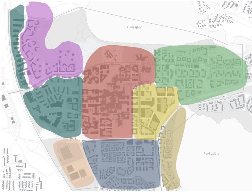 Osa-alueiden luonteet Kahdeksan teema-aluetta 2. Keskustakorttelit 5. Täydentyvä Kaijonharju 1. Kampusydin 4 5 3 8 1 7 Kampuksen laajentumiselle varataan riittävät tilat.
