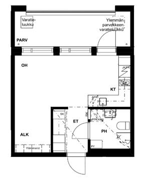 Varatieluukun paikka vaihtelee asunnoittain. 1h + alk + kt Asunto C110, 2.