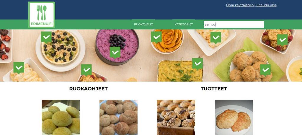 Kirjoittamalla hakusanaa saat näkyviin ruokaohjeita ja tuotteita, joiden