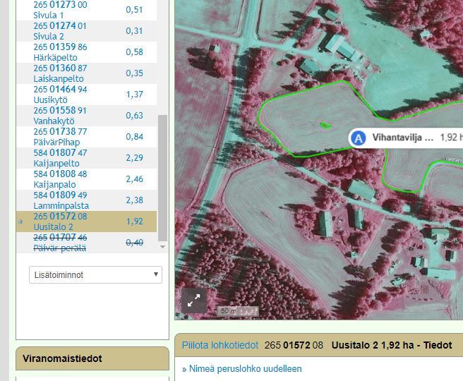 Peruslohkolistalta näkee tilalta hallinnasta poistuneet ja hallintaan