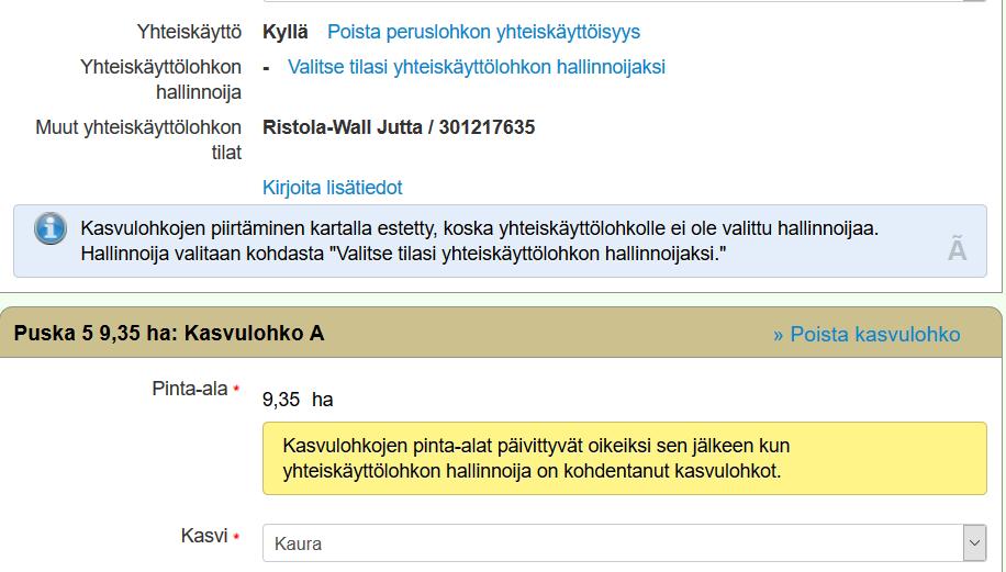 Yhteiskäyttölohkojen ilmoittaminen Peruslohkolla viljelijät A, B ja C 1.