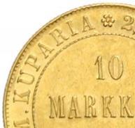Aito 10 markkaa 1882: Huomaa pinta ja yksityiskohtien tarkkuus - Painossa oli kuitenkin noin 10% ero, joka viimeistään paljasti kolikon