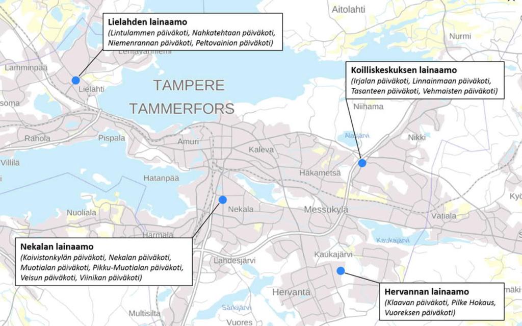 Pyörälainaamon periaatteet Lainaamot sijaitsivat Lielahdessa, Koilliskeskuksessa, Nekalassa ja Hervannassa.