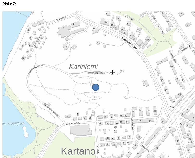Lahti - HILJAISTEN ALUEIDEN KARTOITUS 2018 Piste 2 sijaitsi Kariniemessä, mäen päällä. Mittauskohta ei sijaitse määrityksen mukaan hiljaisella alueella, vaan hieman sen ulkopuolella.